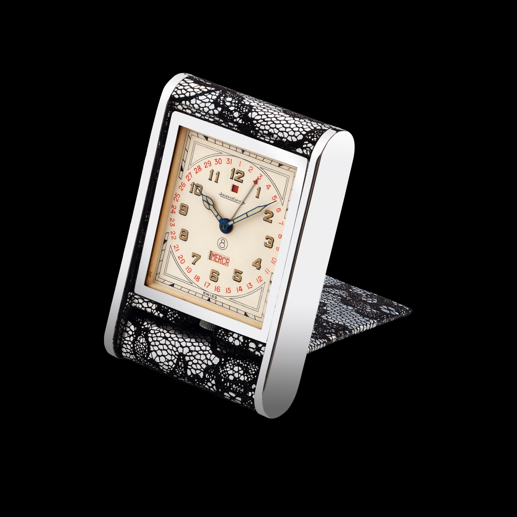 Small folding table clock by Jaeger-LeCoultre, Le Sentier, Switzerland, ca. 1950