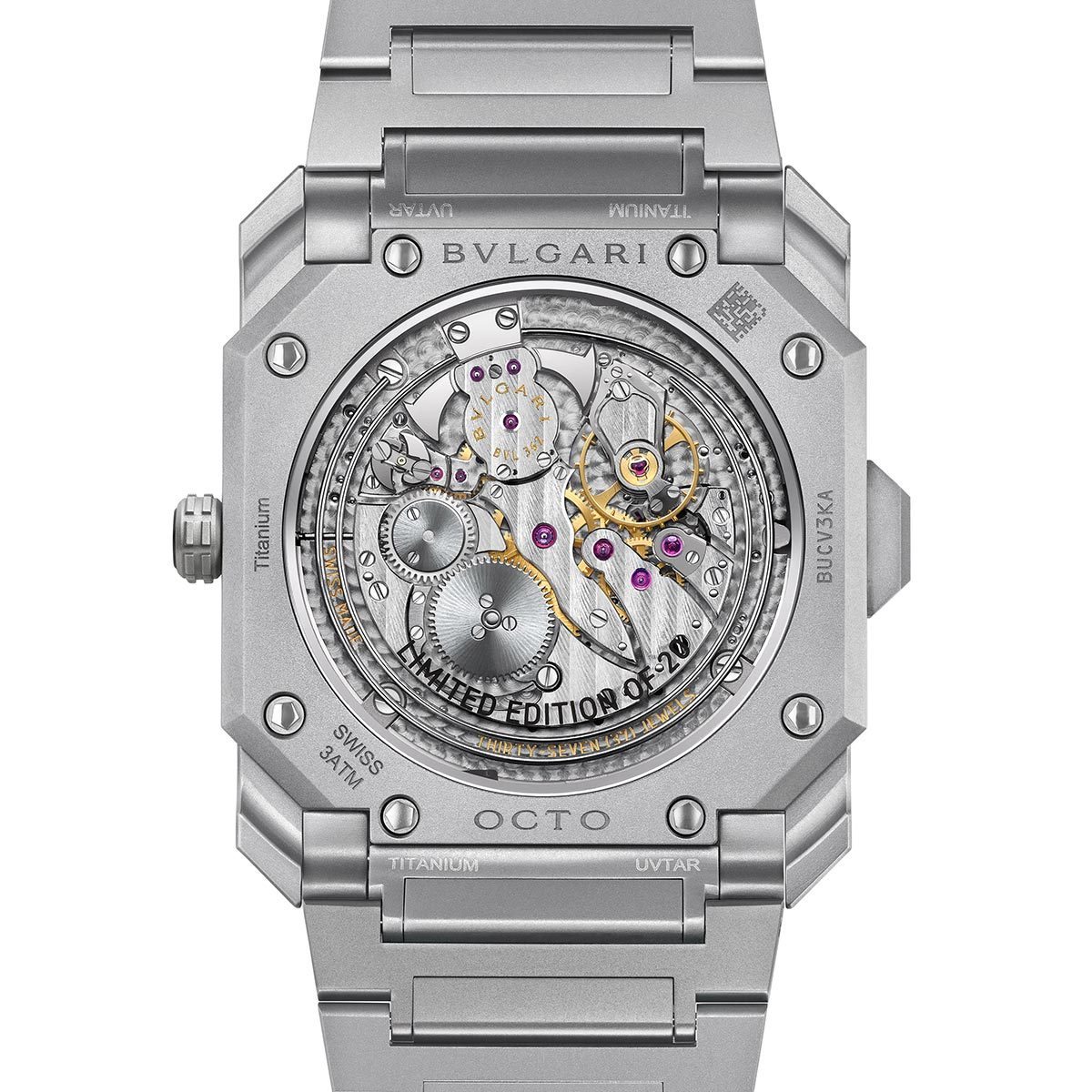 The scannable encrypted 2D Datamatrix code engraved on the back Bvlgari Octo Finissimo Minute Repeater. BVL 362 manufacture manual winding ultra-thin movement. Photo by: Bvlgari