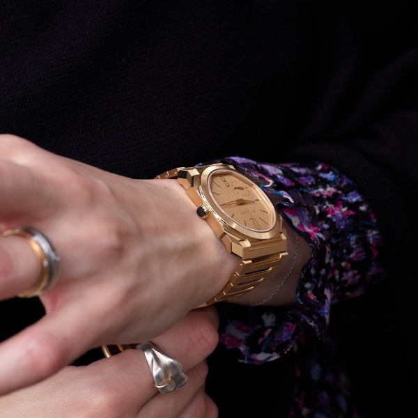 Bvlgari Octo Finissimo 37 (reference 104120) satin-polished yellow gold at the Watches and Wonders 2026