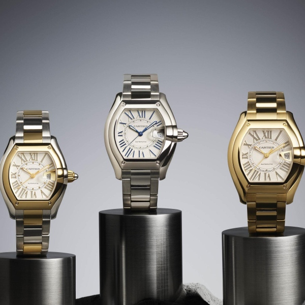 Cartier Roadster Watches and Wonders 2026 novelties: yellow gold and steel case and white dial, steel case and white dial, yellow gold and white dial.