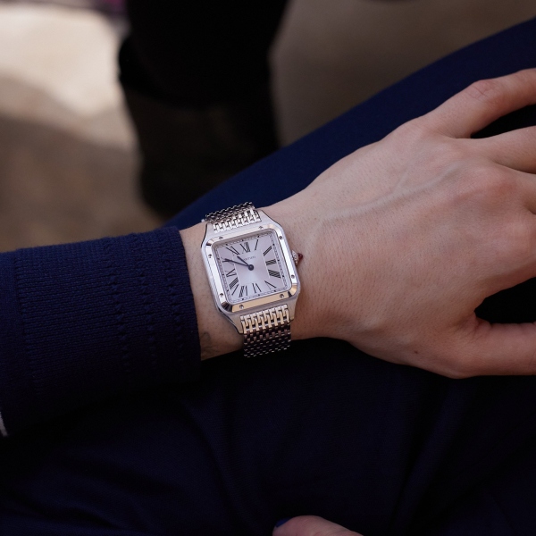 Cartier Santos-Dumont platinum model with silvered satin-finished dial at the Watches & Wonders 2026