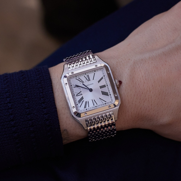 Cartier Santos-Dumont platinum model with silvered satin-finished dial at the Watches & Wonders 2026