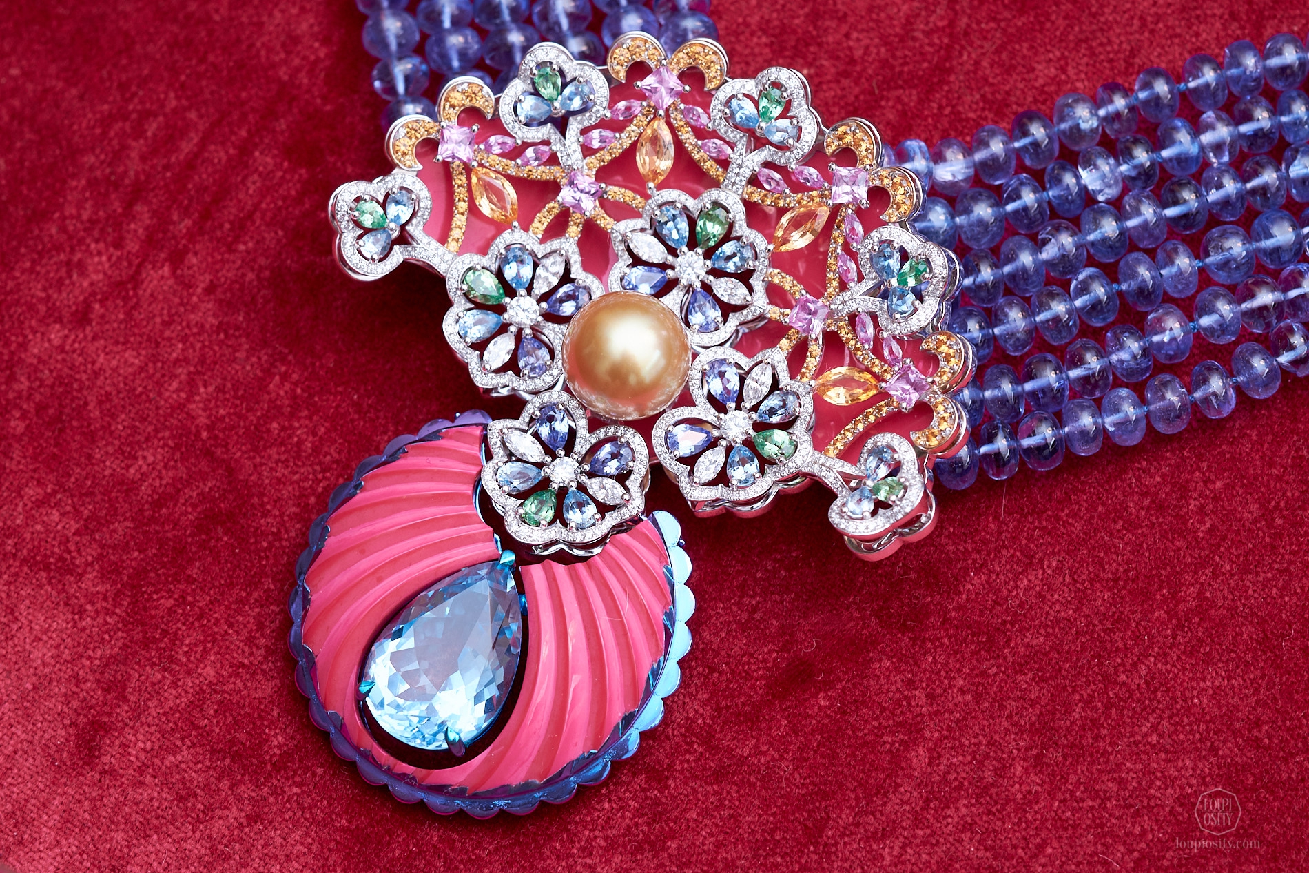 Choker with titanium, aquamarine, faceted tanzanite balls and a deep yellow pearl