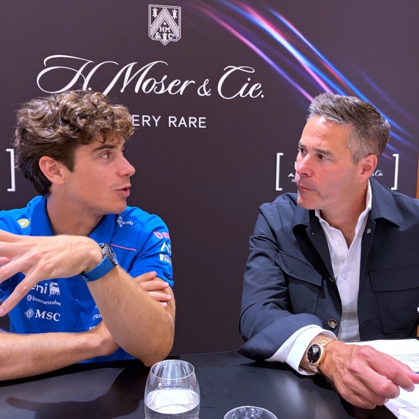 Franco Colapinto (Alpine F1 Team driver) and Nicholas Hofmann (International Sales Director, H.Moser & Cie) during the boutique opening in Milan