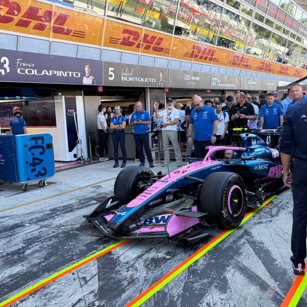 Franco Colapinto's Alpine A526 is rolling in for a pit stop test at the Italian Grand Prix 2026