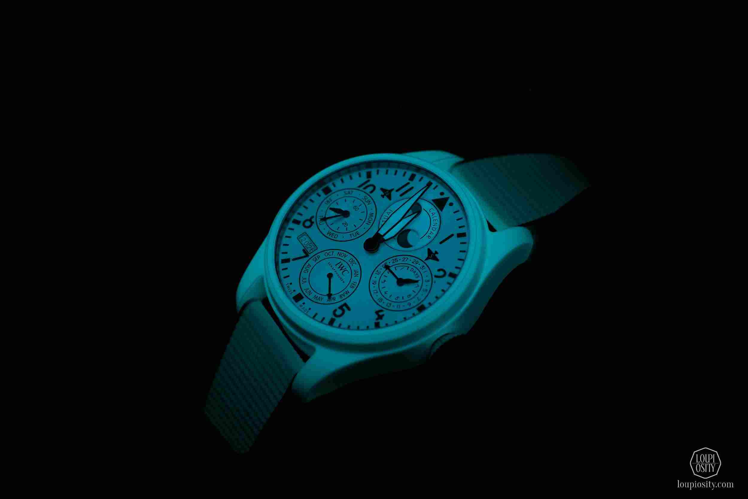 IWC Big Pilot's Watch Perpetual Calendar Ceralume® glowing in the dark at the Watches and Wonders 2026