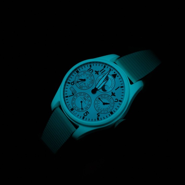 IWC Big Pilot's Watch Perpetual Calendar Ceralume® glowing in the dark at the Watches and Wonders 2026