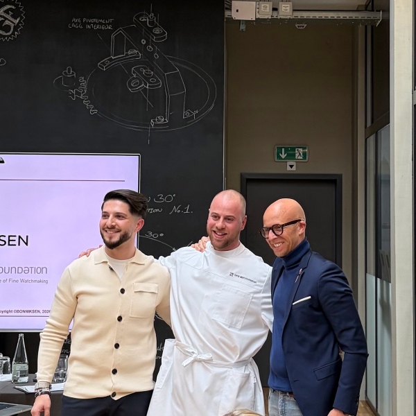 Jason Chevrolat and Maximin Chapuis from Bonniksen, and David Bernard from Time Æon Foundation in La Chaux de Fonds at the announcement of the Naissance d’une Montre 4