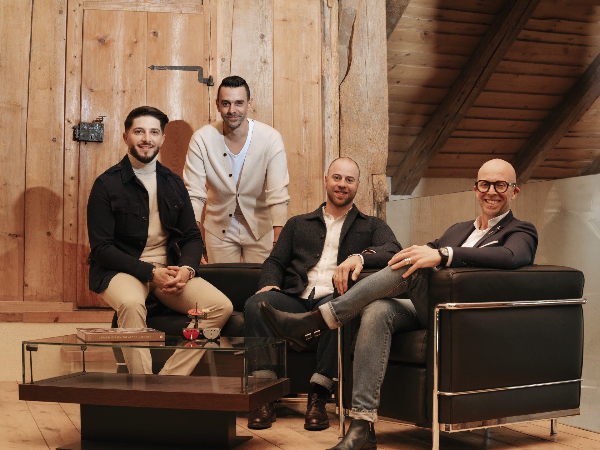 Jason Chevrolat and Maximin Chapuis from Bonniksen, David Bernard from Time Æon Foundation and Michel Nydegger from Greubel Forsey at the announcement of the Naissance d’une Montre 4
