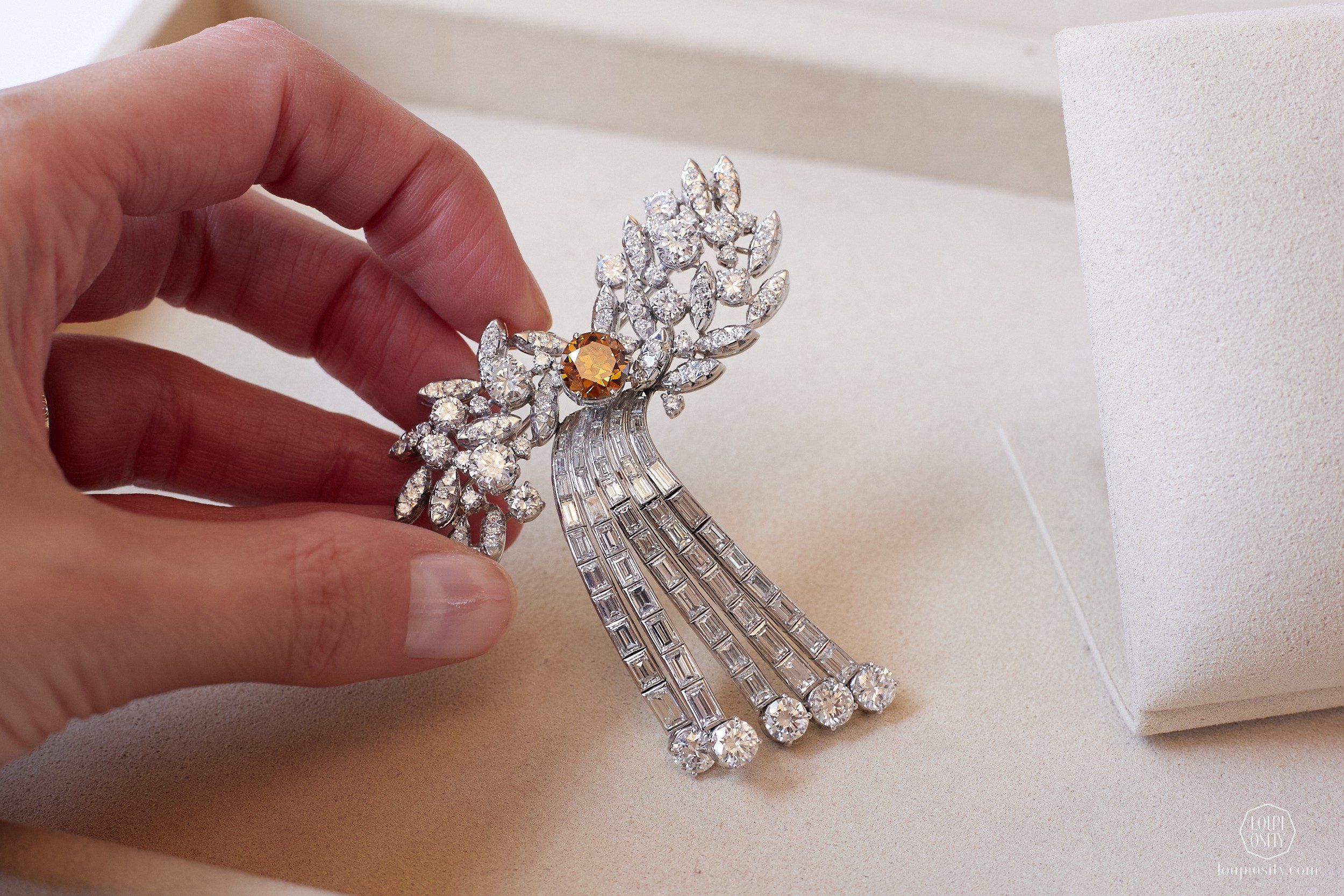 Fancy Deep Brownish Yellowish Orange diamond and diamond brooch