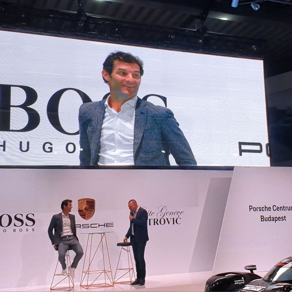 Mark Webber and Zoltan Szujo at Porsche Centrum