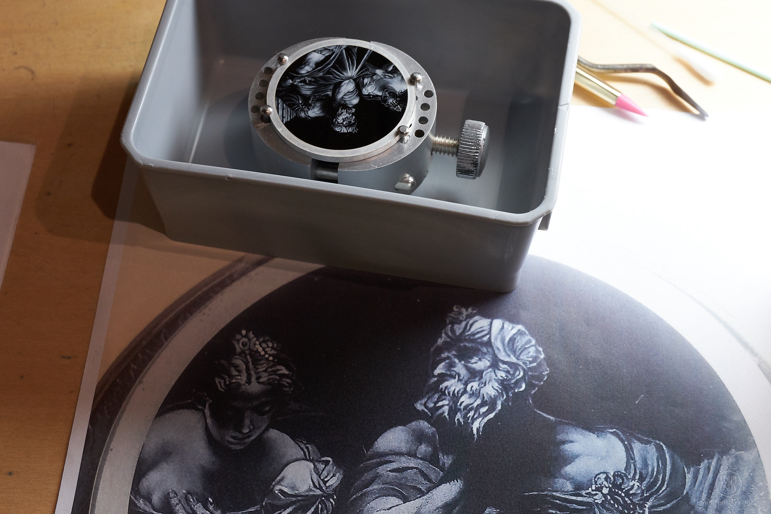 Grisaille enamel workshop examples for illustration purposes
