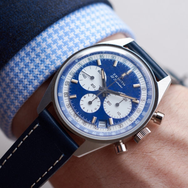 Zenith El Primero One-Off In Platinum and lapis lazuli Ref. 386 Revival designed by Phillips on the wrist